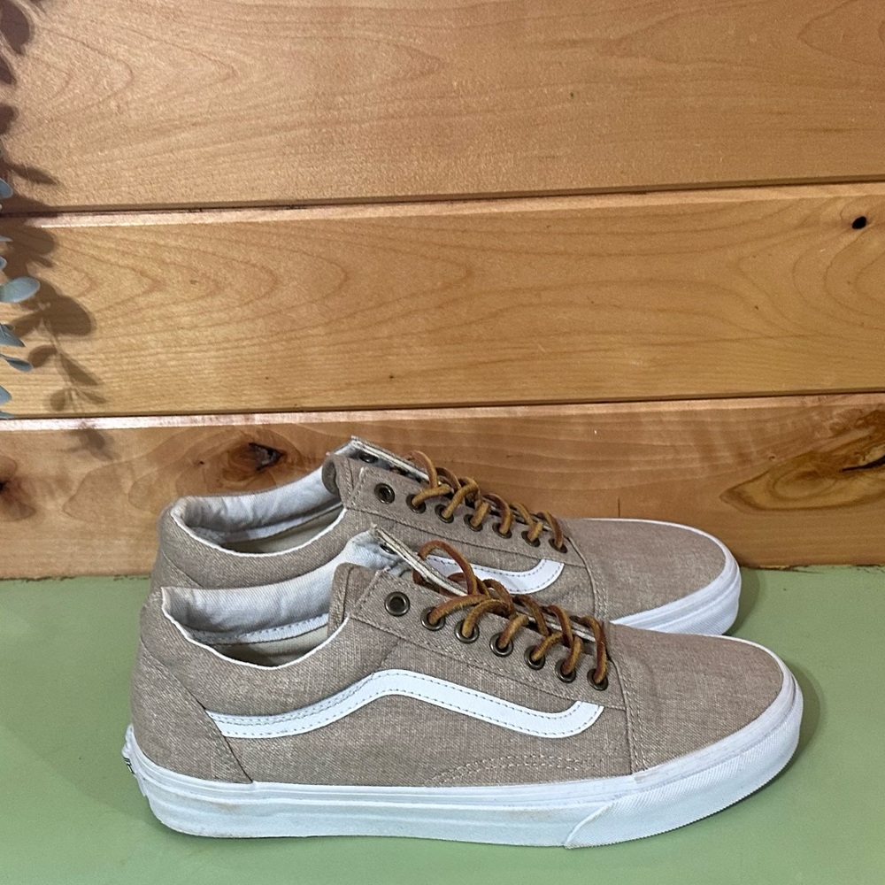 Old School Vans Women's Sz 10 Men’s Sz 8.5 Beige Canvas Leather Laced Sneakers - Picture 2 of 9